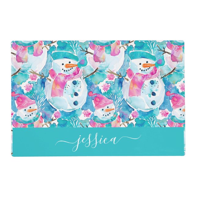Cute snowmen on turquoise script name placemat (Front)