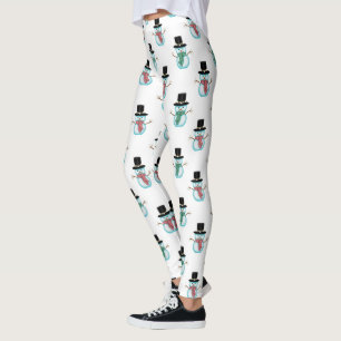 Cute Snowmen on White Background Leggings