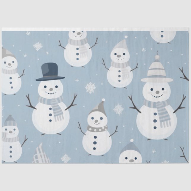Cute Snowmen Snowflakes Gray Blue Christmas Tissue Paper (Front)