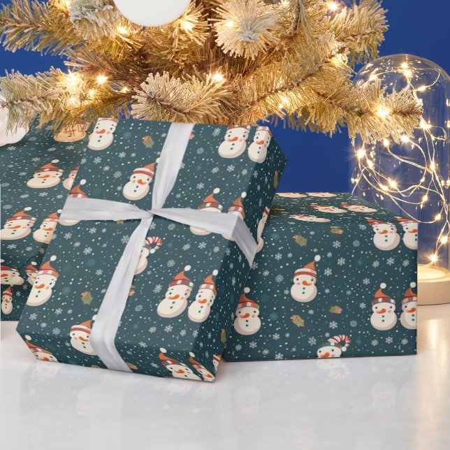 Cute Snowmen Snowflakes Green Christmas Wrapping Paper (Holidays)