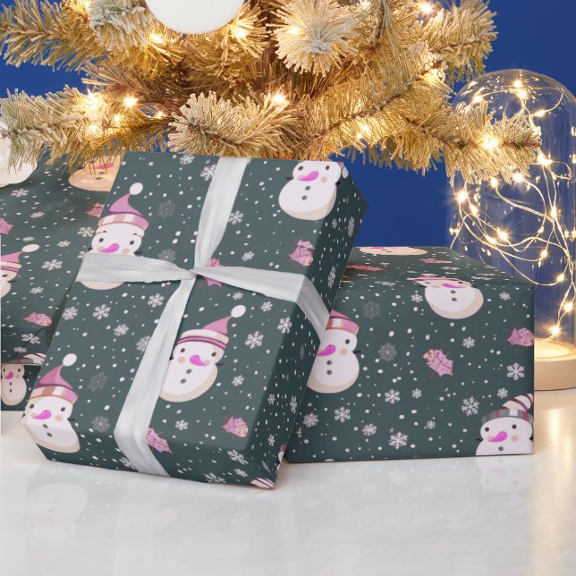 Cute Snowmen Snowflakes Green Christmas Wrapping Paper (Holidays)