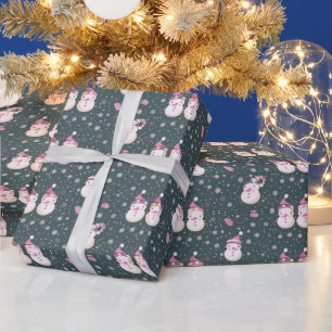 Cute Snowmen Snowflakes Green Christmas Wrapping Paper
