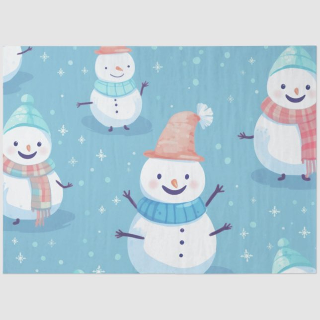 Cute Snowmen Snowflakes Ice Blue Christmas Tissue Paper (Front)