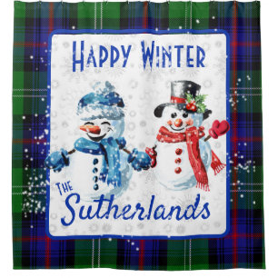 Cute Snowmen Sutherland Clan Tartan Happy Winter Shower Curtain