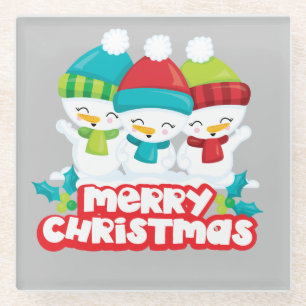 Cute Snowmen Trio Christmas Glass Coaster