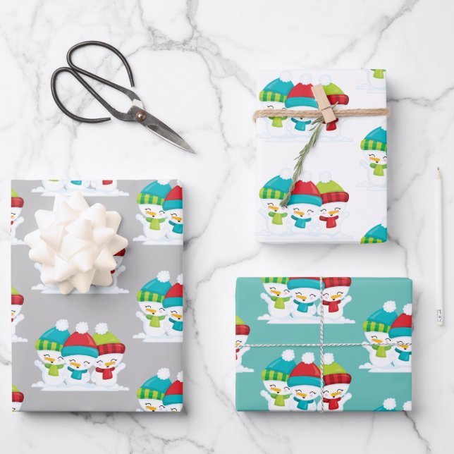 Cute Snowmen Trio Christmas Wrapping Paper Sheets (Front)