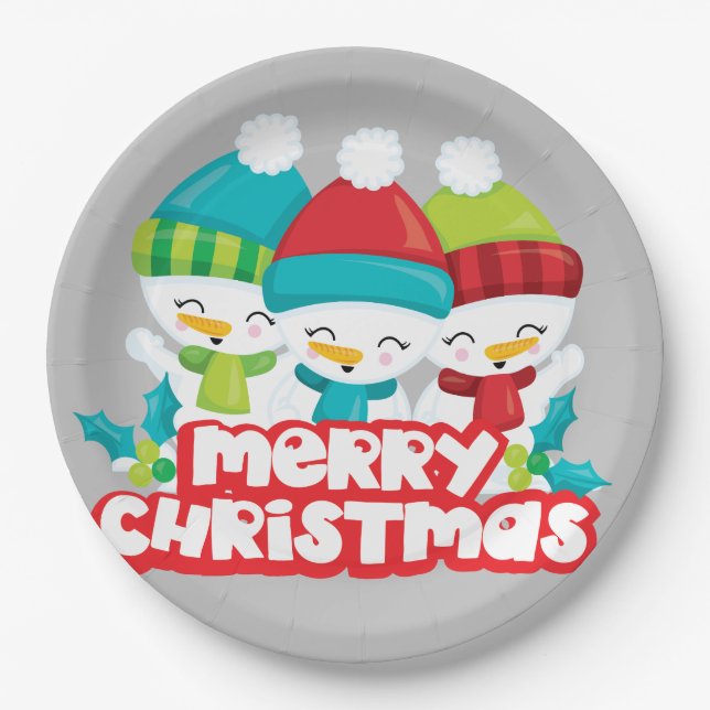 Cute Snowmen Trio Holiday Paper Plates (Front)