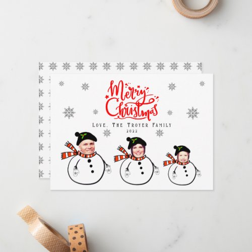 Cute Snowmen Upload Photo Faces Holiday Custom Note Card