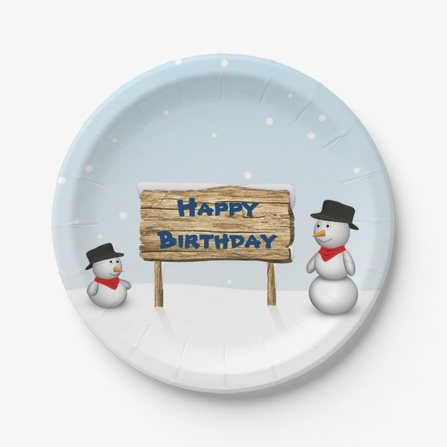 Cute Snowmen wishing Happy Birthday Paper Plates (Front)