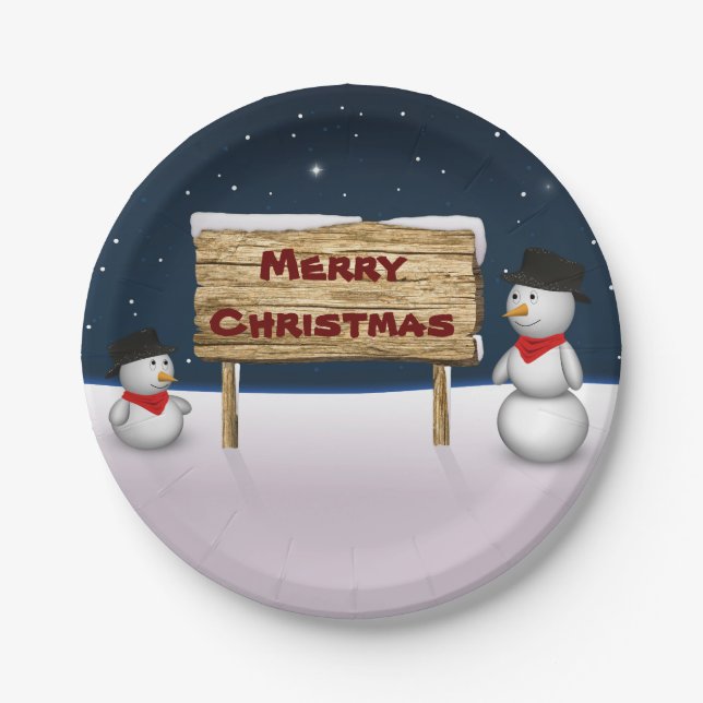 Cute Snowmen wishing Merry Christmas Paper Plates (Front)