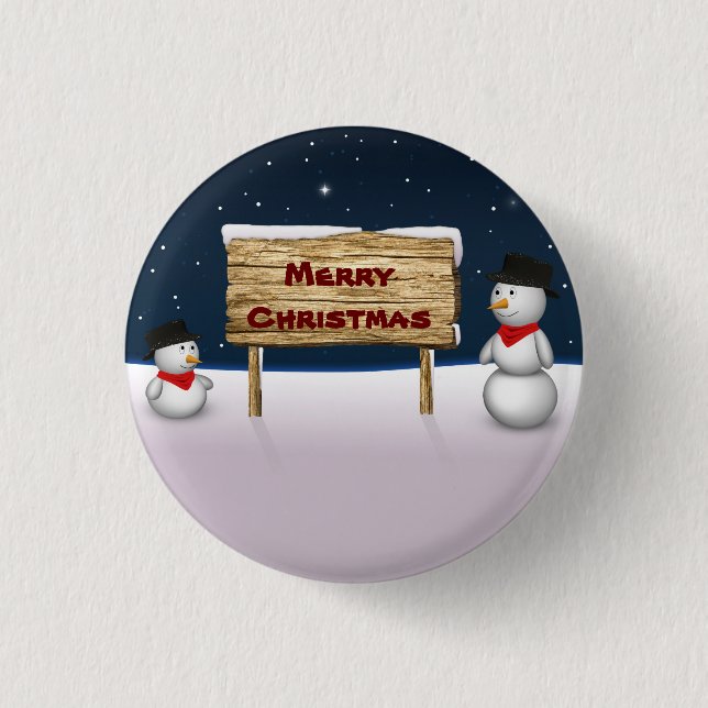 Cute Snowmen wishing Merry Christmas Pinback Button (Front)