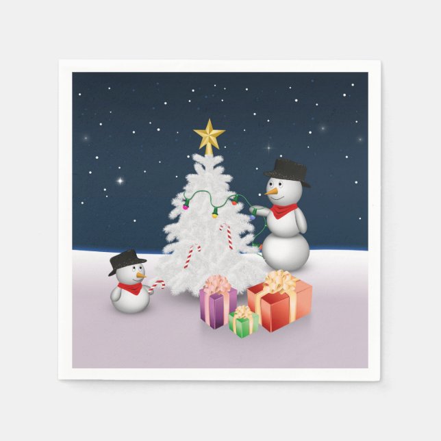 Cute Snowmen with Christmas Tree Paper Napkins (Front)