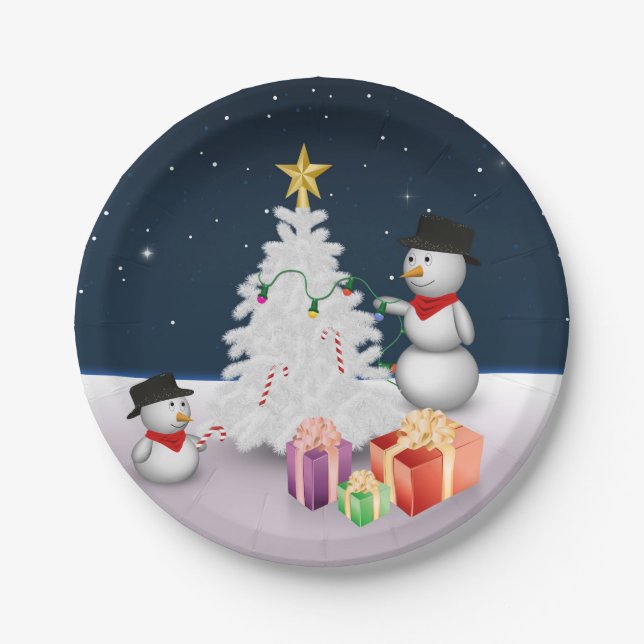 Cute Snowmen with Christmas Tree Paper Plates (Front)