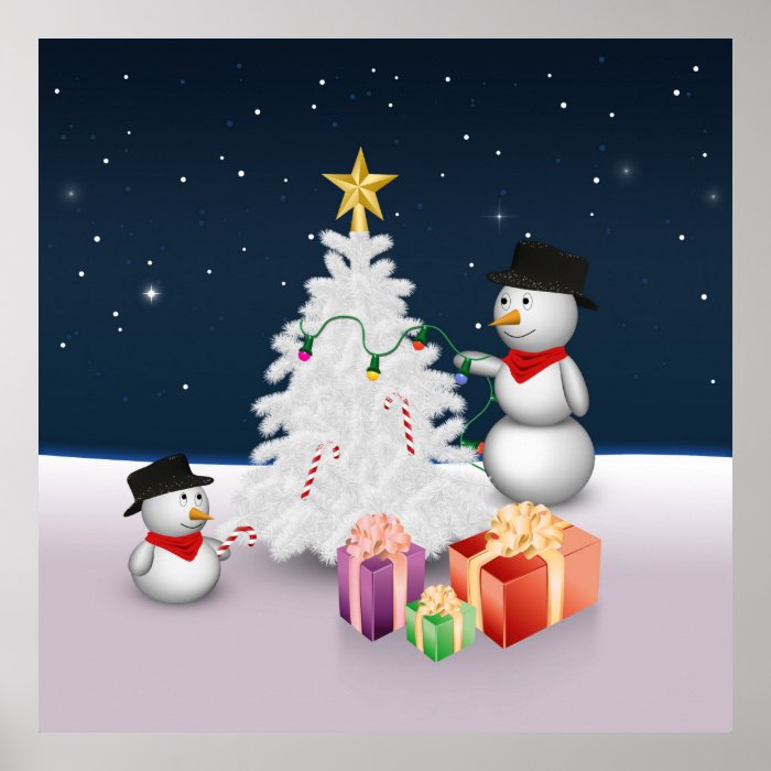 Cute Snowmen with Christmas Tree   Poster