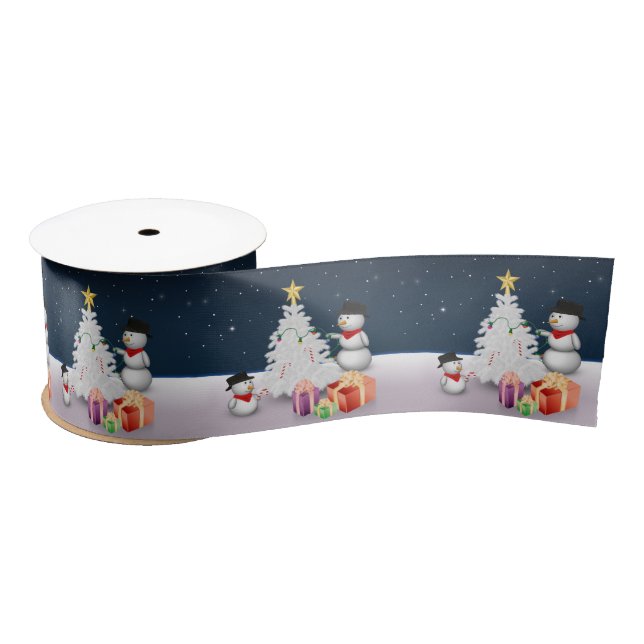 Cute Snowmen with Christmas Tree Satin Ribbon (Spool)