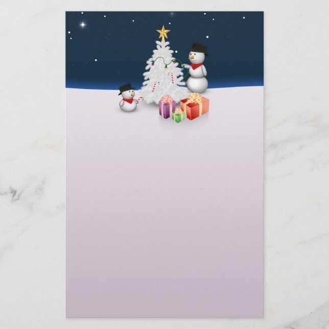 Cute Snowmen with Christmas Tree Stationery (Front)