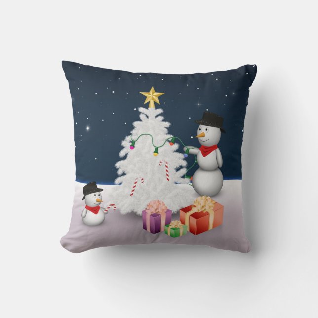 Cute Snowmen with Christmas Tree Throw Pillow (Front)