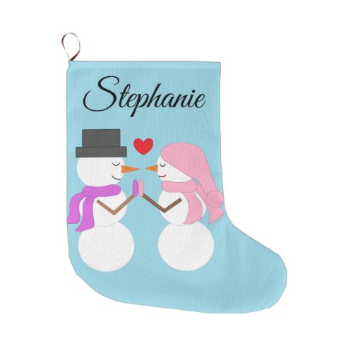 Cute Snowpeople in Love Large Christmas Stocking