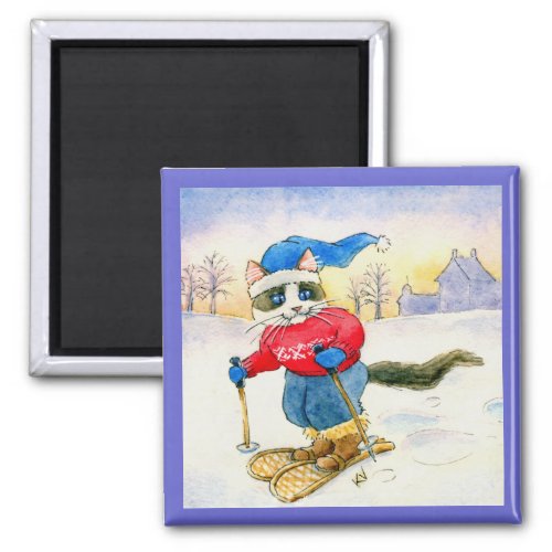 Cute snowshoe cat winter sports magnet