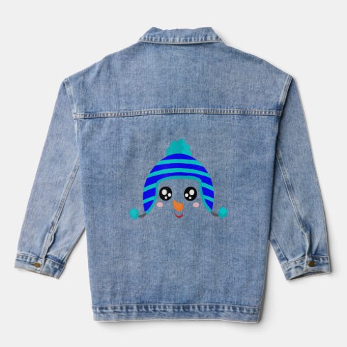 Cute Snowwoman Face Fun Blue Hat Winter Snow Snowm Denim Jacket