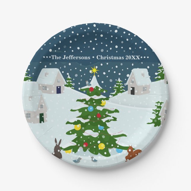 Cute Snowy Christmas village Paper Plates (Front)