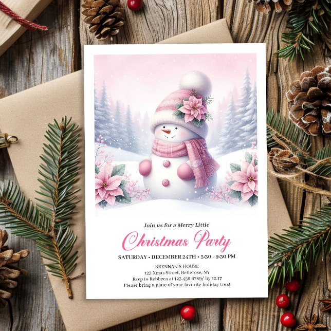 Cute Snowy Forest Pink Snowman Kids Invite Digital (Cute Snowy Forest Pink Snowman Kids Invite Digital File)