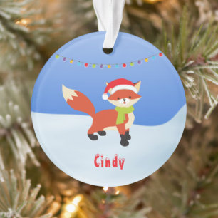Cute Snowy Fox in Santa Hat Ornament