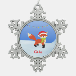 Cute Snowy Fox in Santa Hat Snowflake Pewter Christmas Ornament