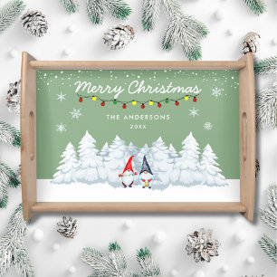 Cute Snowy Gnomes Christmas Green Serving Tray