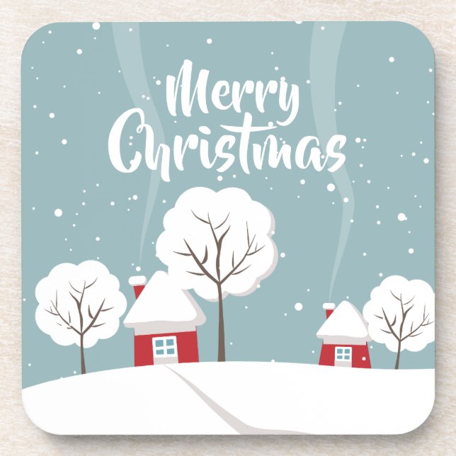 Cute Snowy Houses and Trees Christmas Beverage Coaster (Front)