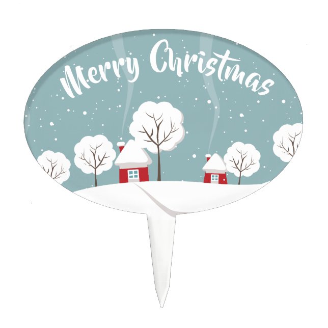 Cute Snowy Houses and Trees Christmas Cake Topper (Front)