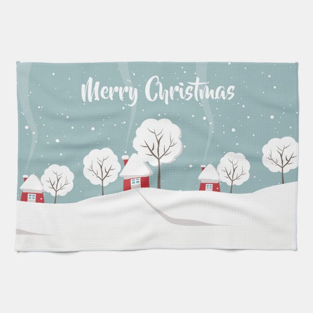 Cute Snowy Houses and Trees Christmas Kitchen Towel (Horizontal)