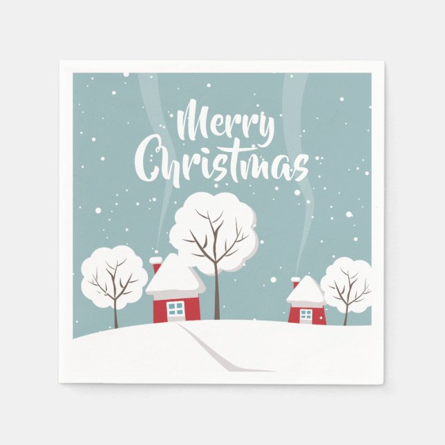 Cute Snowy Houses and Trees Christmas Napkins (Front)