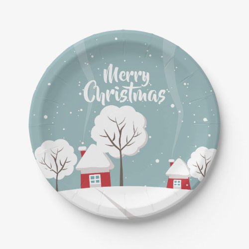Cute Snowy Houses and Trees Christmas Paper Plates