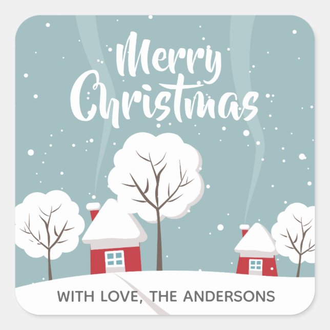 Cute Snowy Houses and Trees Christmas Square Sticker (Front)