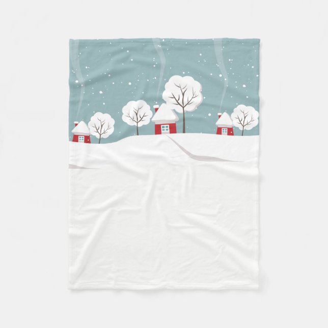 Cute Snowy Houses and Trees Winter Fleece Blanket (Front)