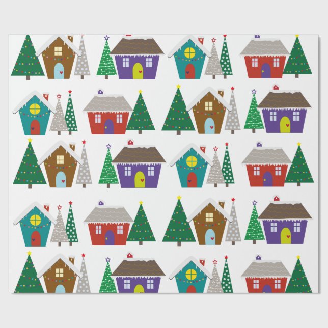 Cute snowy houses - christmas wrapping paper (Flat)