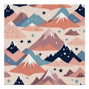 Cute snowy mountains and stars pattern pink poster