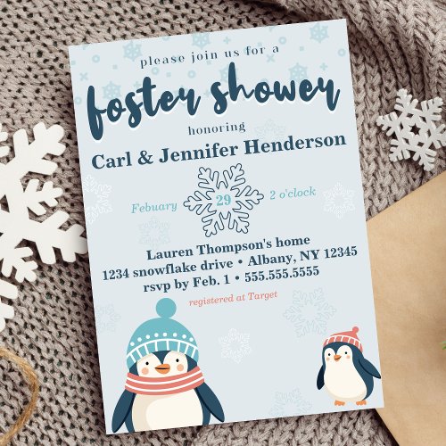 Cute Snowy Penguin Foster Care Baby  Child Shower Invitation