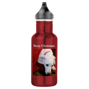 Cute Snowy White Puppy Dog Red Christmas Stainless Steel Water Bottle