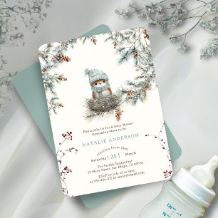 Cute Snowy Woodland Blue Bird's Nest Baby Shower Invitation