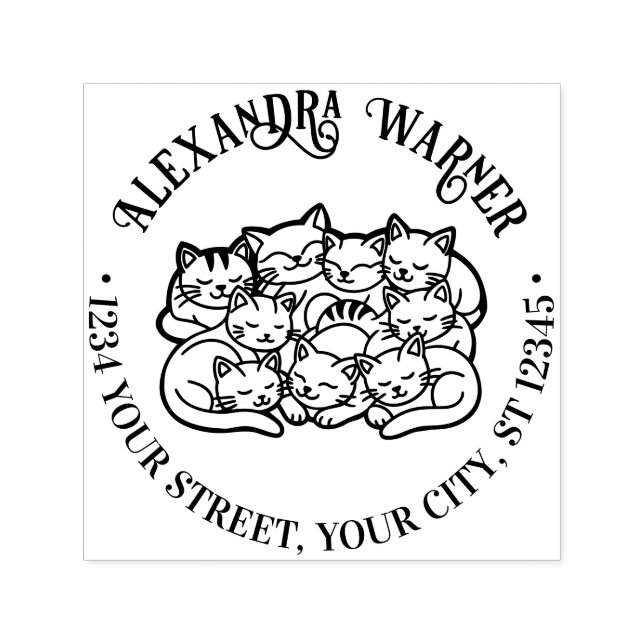 Cute Snuggling Sleeping Cats Name Address Self-inking Stamp (Design)