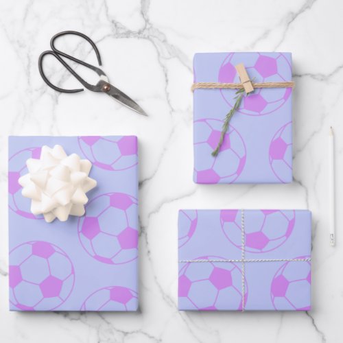 Cute Soccer Ball Pattern in Purple and Blue Wrapping Paper Sheets