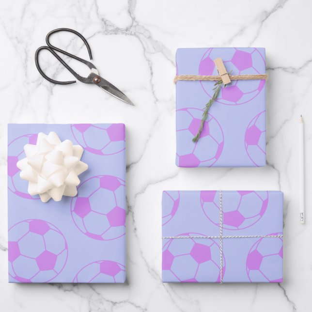 Cute Soccer Ball Pattern in Purple and Blue Wrapping Paper Sheets (Front)