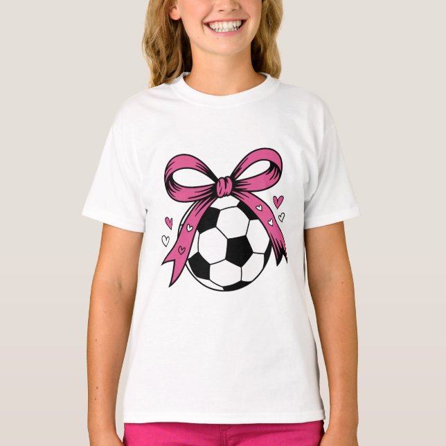 Cute Soccer Ball with Pink Bow Coquette Sports T-Shirt (Front)