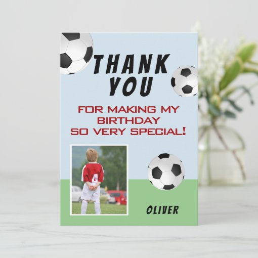 Cute Soccer Balls Kids Birthday Photo Thank You Card | Zazzle