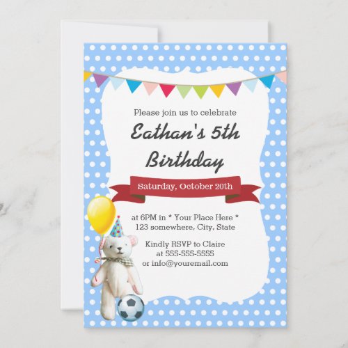 Cute Soccer Bear Blue Polka Dots Birthday Party 5x7 Paper Invitation Card