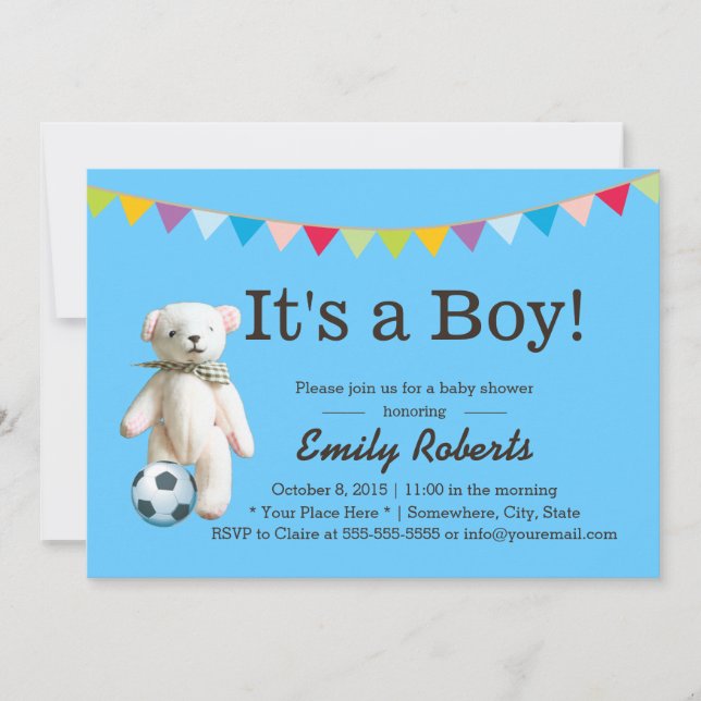 Cute Soccer Bear Boy Baby Shower Invitations (Front)