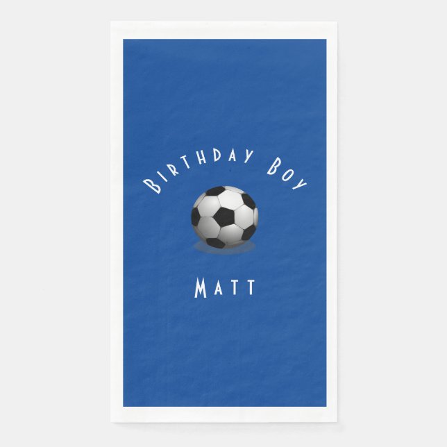 Cute Soccer Birthday Boy Blue and White Paper Guest Towels (Front)