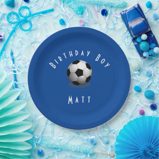 Cute Soccer Birthday Boy Blue and White Paper Plates (Party)